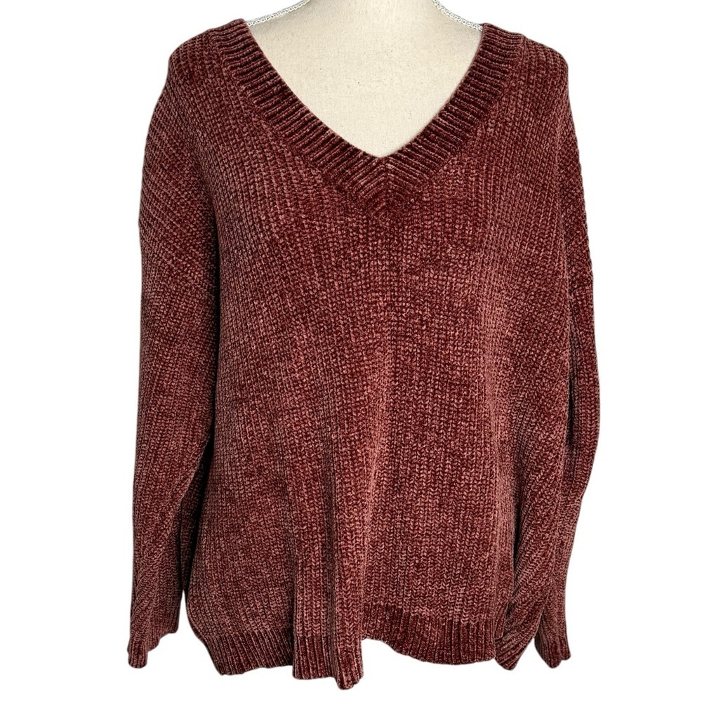 Rag Poets‎ Rust Red Chenille V-Neck Sweater Womens Large RW183541 Cozy Pullover